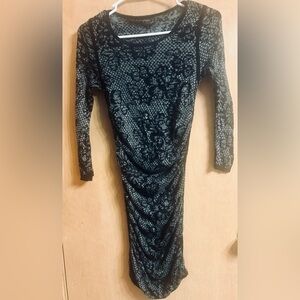 EXPRESS Elegant Black & Gray Lace-Patterned Dress, w/ Ruching, Small, NWOT (PM5)